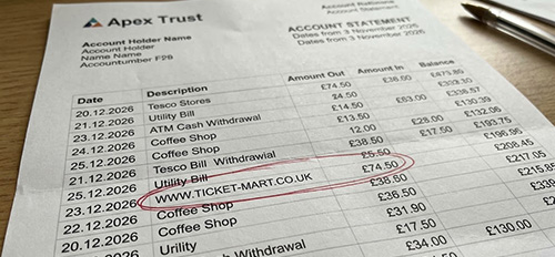 image showing Ticket Mart Url on a Bank Statement